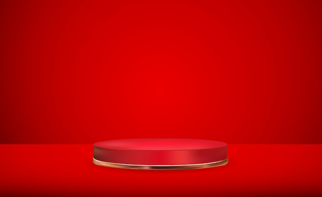 Realistic 3d red pedestals over red background trendy empty podium display for cosmetic product presentation fashion magazine