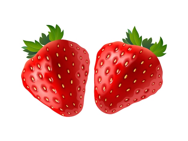 リアルな 3D 熟したイチゴのベクトルイラスト 緑の葉でデザインプロジェクトに最適です