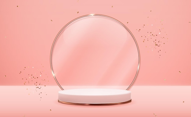 Piedistallo realistico in oro rosa 3d con cornice ad anello in vetro dorato