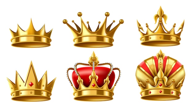 Vector realistic 3d royal crown golden kingdom jewels for king and queen gold trophy crowns vector