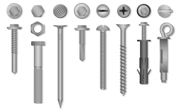 Realistic 3d  screws, nuts, bolts, rivets and nails for fastening and fixing