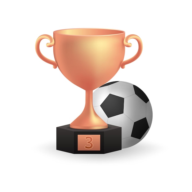 Realistic 3D of a shiny bronze trophy with football ball symbolizing third place achievement