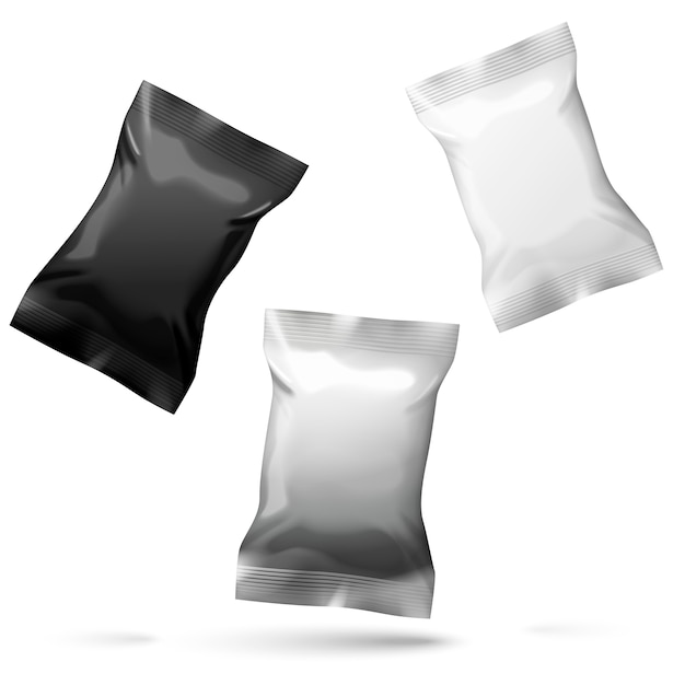 Bustina realistica di snack o caramelle 3d, bianca, nera e argento. marchio del pacchetto di prodotti.