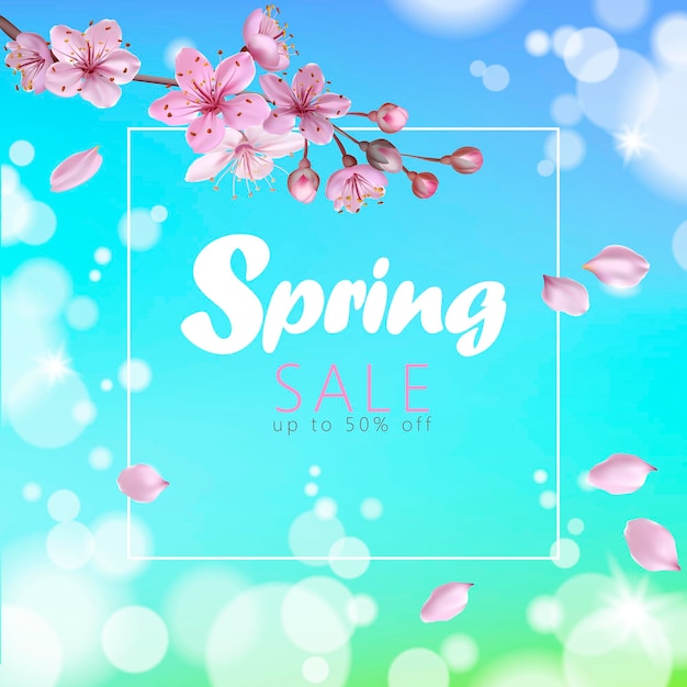 Vector realistic 3d spring sale script lettering web banner template. color pink sakura cherry blossom flower blue sky landscape background design shop square social poster vector illustration art