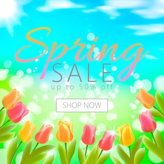 Script di vendita di primavera 3d realistico lettering modello di banner web. colore tulip fiori erba blu cielo blu sfondo negozio ora promozionale quadrato sociale poster illustrazione vettoriale art
