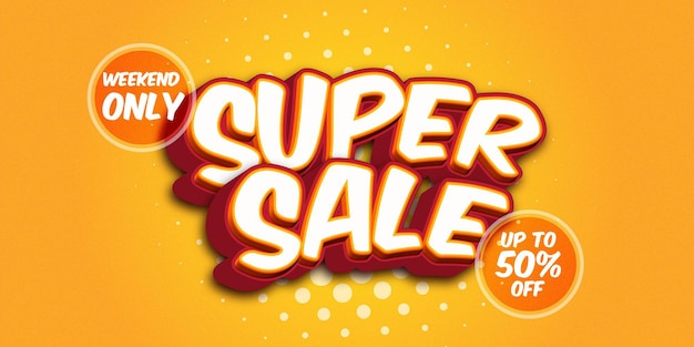 Realistic 3d Super sale horizontal banner with yellow background