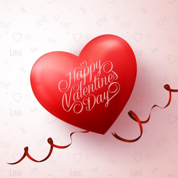 Realistic 3D Sweet Red Heart with Happy Valentines Day Greetings in Love Pattern Background