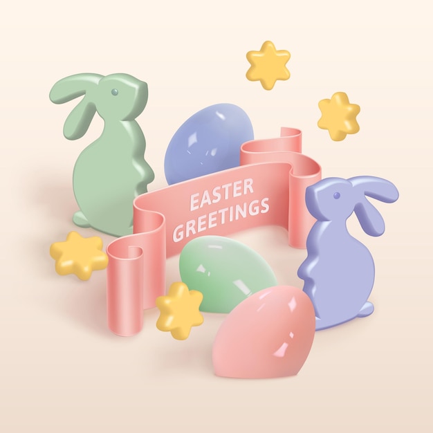 Design vettoriale 3d realistico con banner di scorrimento di auguri di pasqua e coniglietti e uova giocattolo