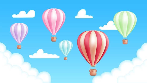Вектор Реалистичная трехмерная векторная иллюстрация красочных воздушных шаров на фоне голубого неба с облаками