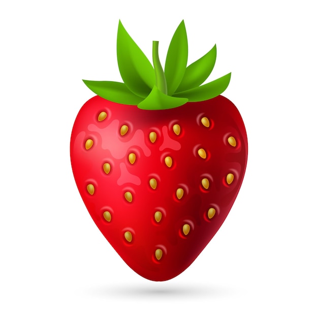 Realistic 3D vector illustration of a ripe red strawberry with a leaf isolated on a white background