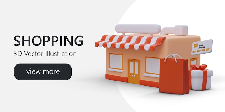 Vector realistic 3d vector illustration with cartoon supermarket shopping bag and gift box web page for online store with button view more colorful vector illustration in red colors