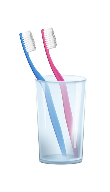 Реалистичное трехмерное векторное изображение с парой зубных щеток в стеклянной чашке, поставленной на пустом месте.