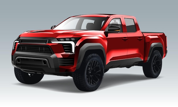 Vector realistic 3d vector red pickup four doors black wheels on grey background illustration