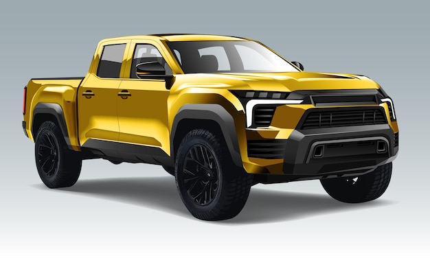 Vector realistic 3d vector yellow pickup four doors black wheels on blue background illustration