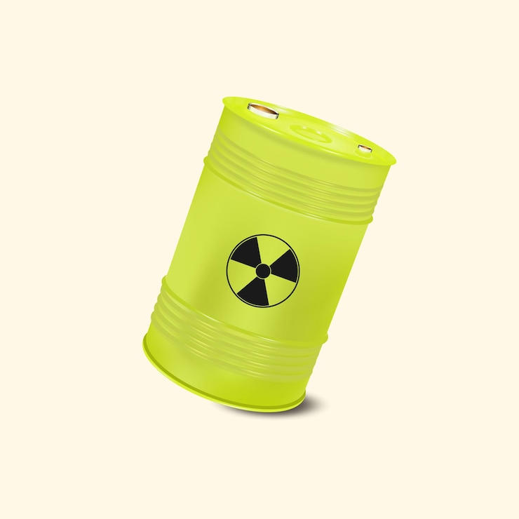Vector realistic 3d yellow barrel for oil gas gasoline vector illustration with closed lid and radiation logo