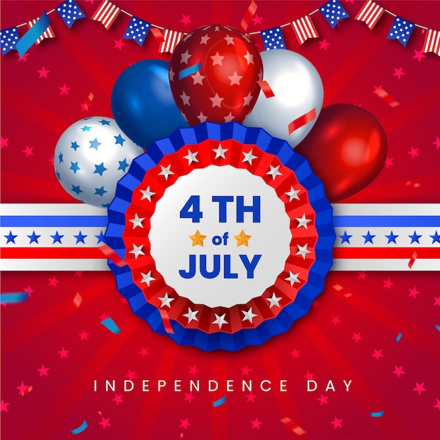 Realistic 4th of july illustration with balloons and confetti