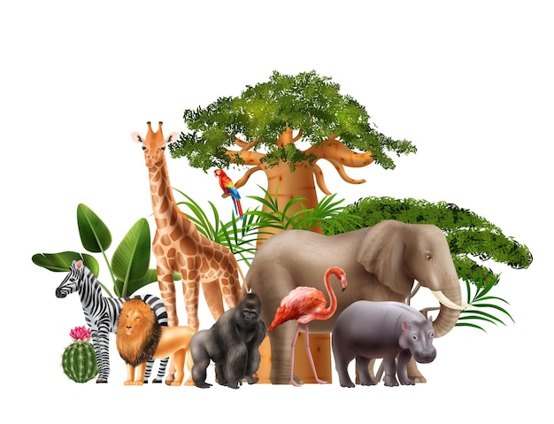 Composizione realistica in africa con vista isolata di alberi giganti e piante tropicali con animali selvatici esotici illustrazione vettoriale