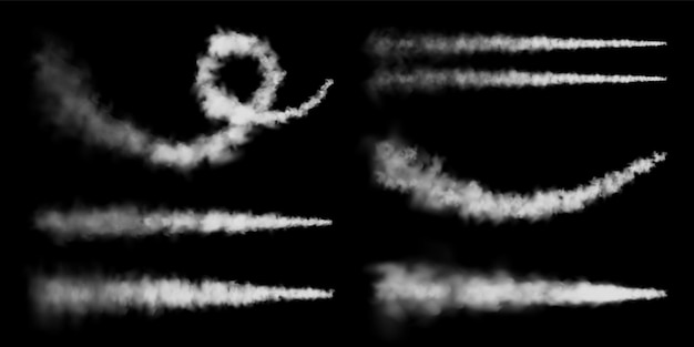 Vector realistic airplane condensation trails space rocket launch missile or bullet trail jet aircraft