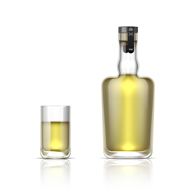 Realistic alcohol bottle. 3d glass shot with tequila or golden rum, alcohol beverage mockup