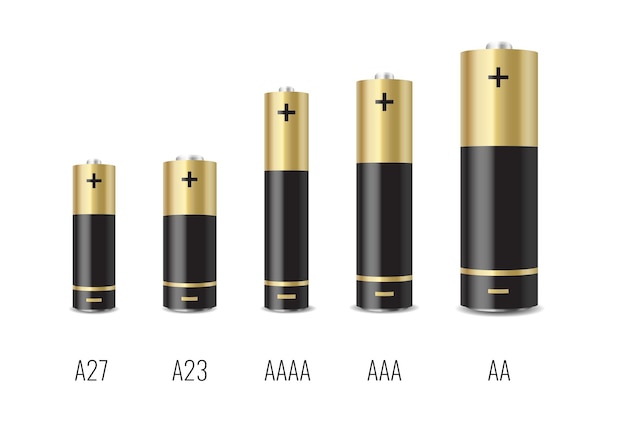 Set di batterie alcaline realistiche con dimensioni diverse isolate su bianco