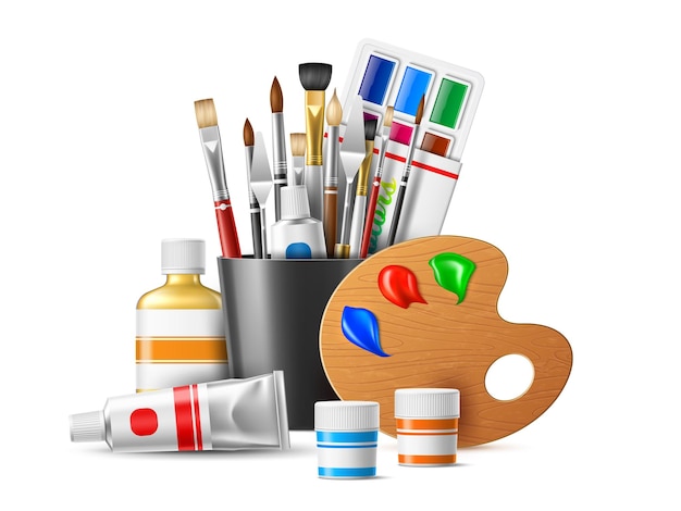 Realistic art tools composition Painting supplies creative materials composition wooden palette different brushes solvent and various paints 3d isolated elements utter vector concept