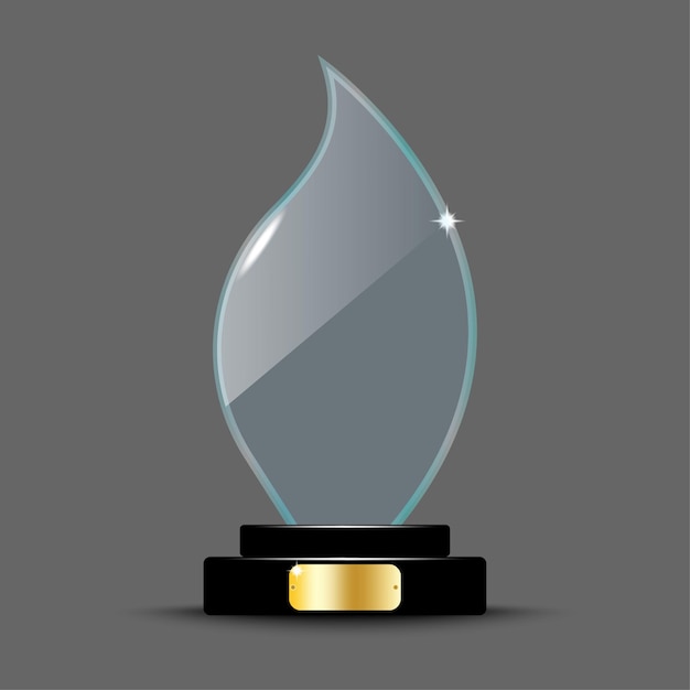 Vettore design realistico del layout del premio trofeo di vetro sotto forma di una fiamma di fuoco di cristallo con fiamma di fuoco