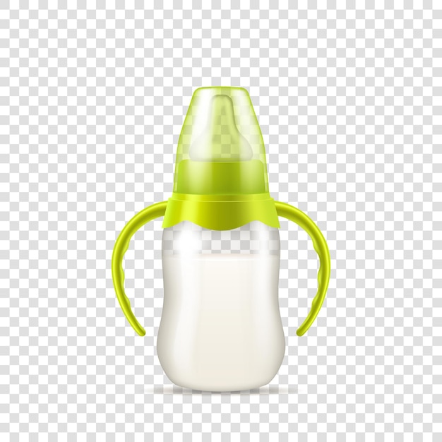 Vector realistic baby milk bottle. bottle with handles for feeding newborn baby with pacifier nipple and green cap 3d isolated on transparent background. vector illustration