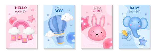 Vector realistic baby shower cards collection with cute animals and baby toys