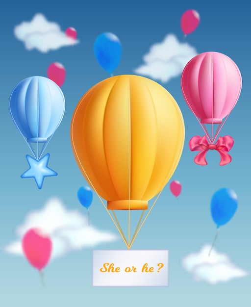 Vector realistic baby shower composition background with hot air balloon and a message