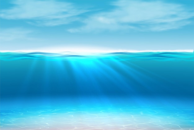 Vector realistic background underwater ocean with sun rays sea side concept with wavy water surface