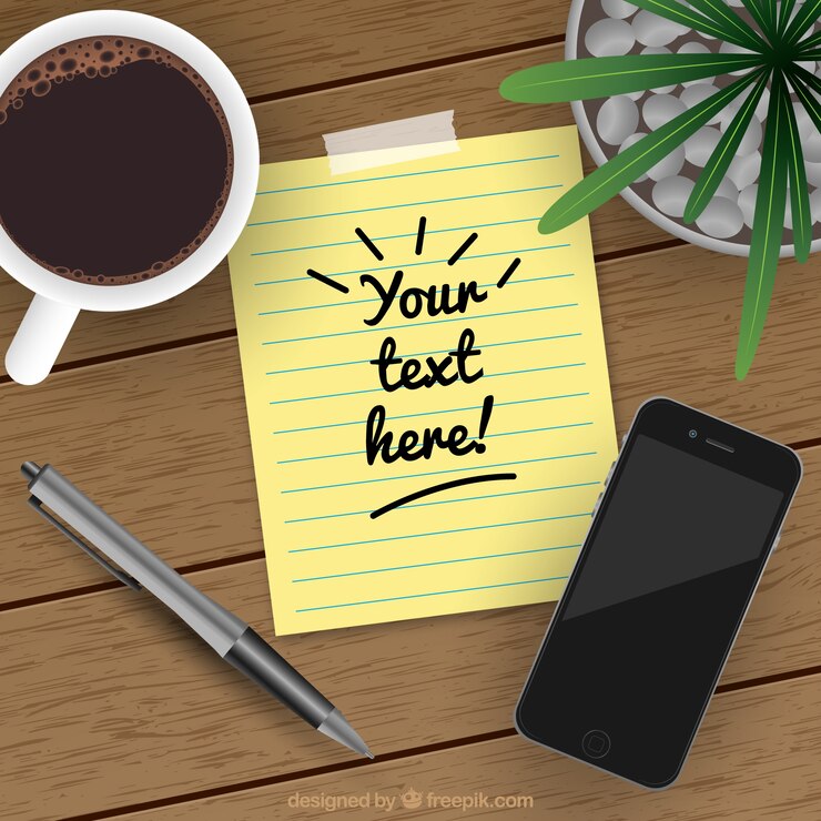 Vector realistic background with paper note next to mobile phone and cup of coffee
