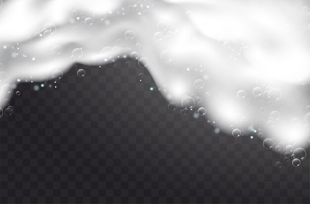 Realistic background with soap foam. bath laundry white bubbles, shampoo soap clean bubbling shiny washing hygiene detergent . checkered transparent background