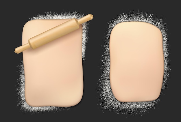 Vector realistic bakery dough with flour and rolling pin