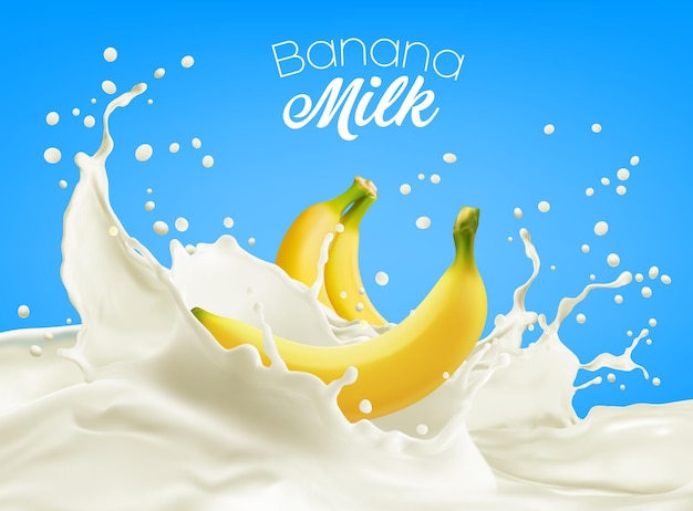 Реалистичный банановый молочный напиток или йогурт с брызгами. Векторный промо-баннер со сливочным и нежным йогуртом или молочным продуктом, наполненным эссенцией спелых бананов, с динамическими брызгами капель.