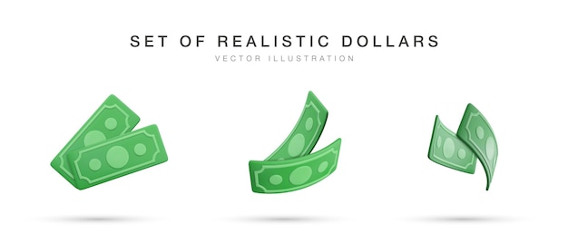 Valuta realistica delle banconote in stile cartone animato dollari di carta verde 3d set di denaro contorto illustrazione vettoriale
