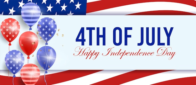 Vettore banner realistico 4 luglio festa dell'indipendenza con palloncini colorati su carta e sfondo bandiera americana