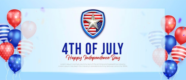 Banner realistico felice giorno dell'indipendenza su carta decorata con palloncini distintivi e bandiera americana