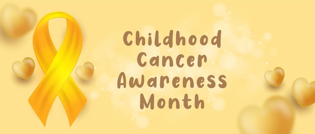 Realistic banner International childhood cancer awareness month text with ribbon on yellow background