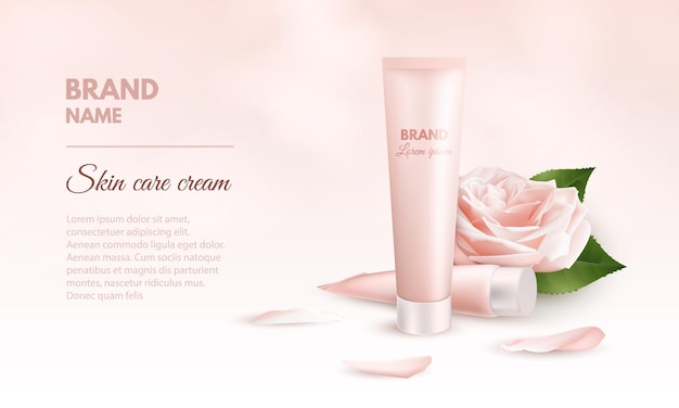 Realistic banner for skin care cream with flower and petals rose