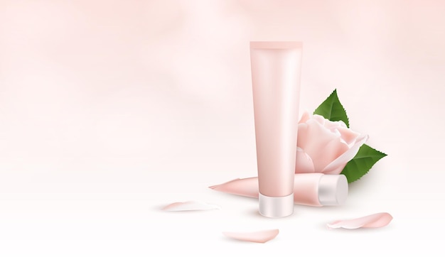 Banner realistico per crema per la cura della pelle con fiori e petali di rosa