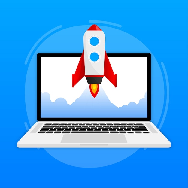 Realistic banner with flat rocket laptop Flat icon Technology concept