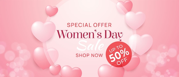 Realistic banner womens day special offer with pink and white air balloons on pink background