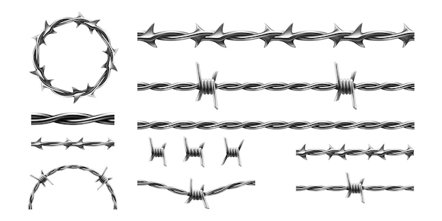 リアルな有刺鉄線 刑務所の金属フェンス要素 3 d 軍事境界線 刑務所保護バリア とげのある金属ケーブルの種類のセット 線境界テンプレートの絡み合ったベクトル