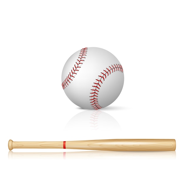 Realistic baseball bat and baseball with reflection on white background