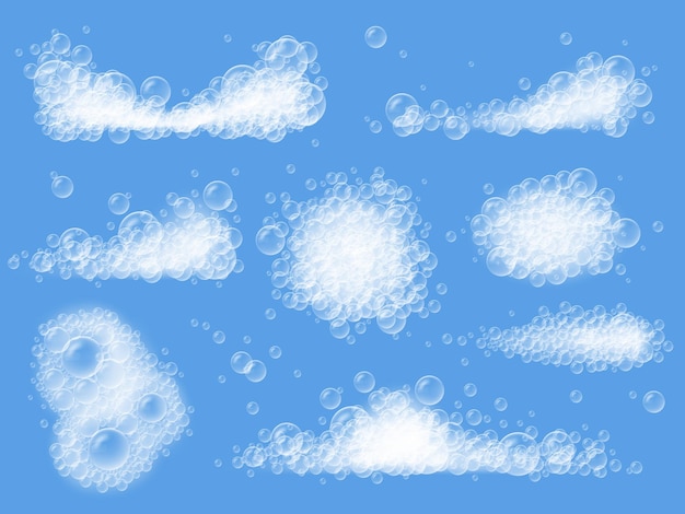 Вектор Реалистичная пена для мыла для ванны чистые мыльные пенные пузыри различной формы пена и пена изолированные векторные иллюстрации набор шампуня пены мыльный реалистичный пузырь