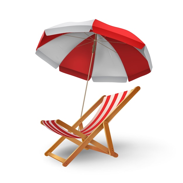 Realistic beach parasol umbrella and chaise longue for vacation Recliner chair under sunshade awning 3d summer relaxation vector concept