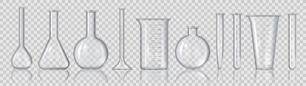 Realistic beakers and flasks. 3D empty laboratory measuring equipment, glass tubes medicine, bottles and chemistry containers vector set. Illustration lab glass for test, equipment laboratory flask