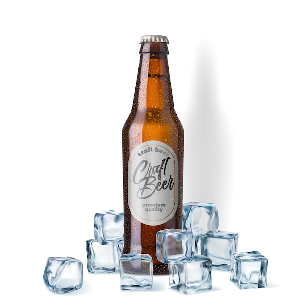 Realistic beer bottle with ice cube crystals