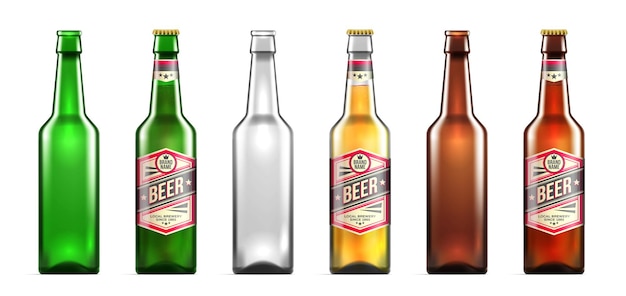 현실적인 맥주 병 아이콘은 병 벡터 삽화에 레이블이 있거나 없는 녹색 투명한 갈색 병을 설정합니다.