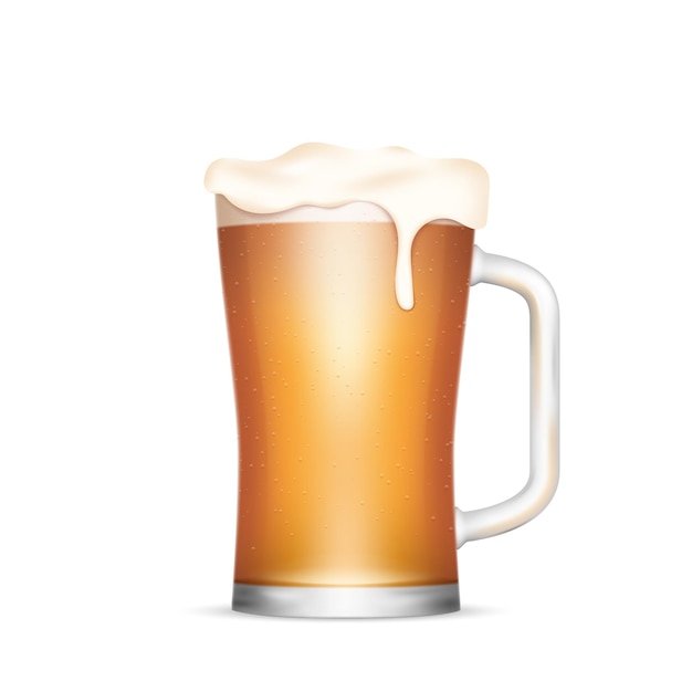 Vector realistic beer mug with light yellow ale beverage foam isolated beer glass for oktoberfest or pub